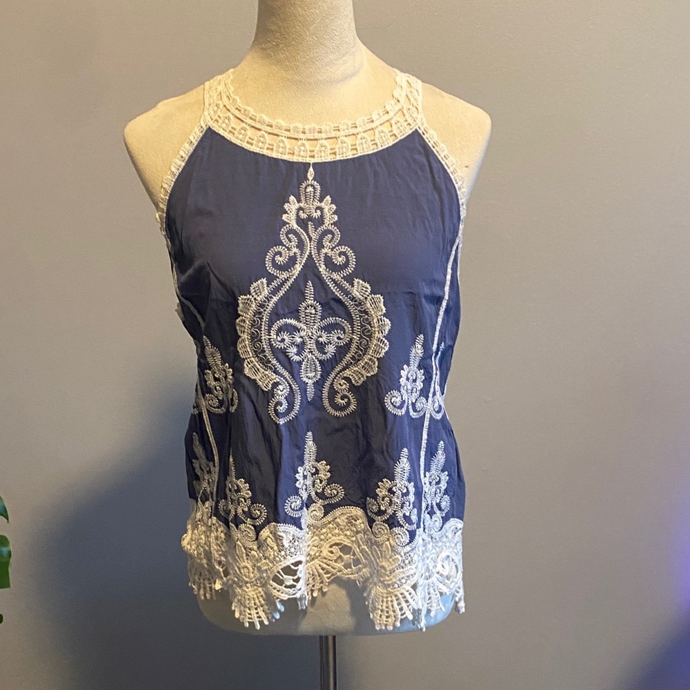 Ultra Pink Navy Blue Crochet-Trim Embroidered Halter Camisole